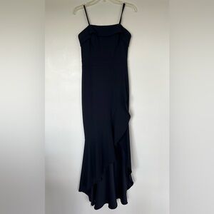 Xscape Navy Blue Ruffled Hem with Slit Strapless Evening Dress